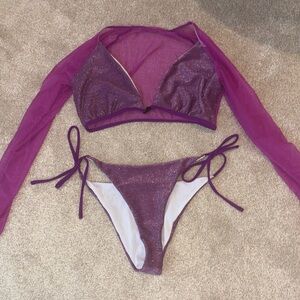 Purple Glitter Bikini Set with Sheer Cover-Up